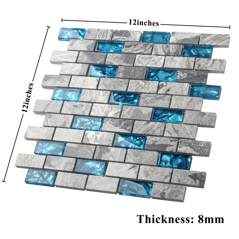 Teal Blue 1''x2'' Natural Stone/Glass Brick Joint Mosaic Wall Tile