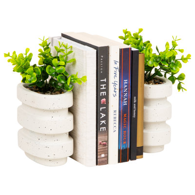  Serre-livres en ciment nervuré, fausse verdure pour étagères et décor de bureau, ensemble de 2, blanc