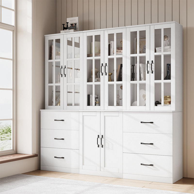  Bookcase Cabinet With Glass Doors And Large Storage Drawers, White, (3 Shelves) 71” x 71” x 15.70” 