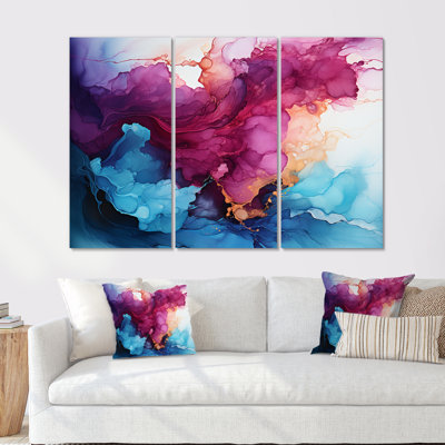 «Art liquide», encre mauve, magenta, or, ensemble d'art mural en marbre