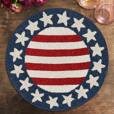 Patriotic Round Beaded Placemats Set with USA Flag Theme for Festive Christmas Indoor & Outdoor Table Decor