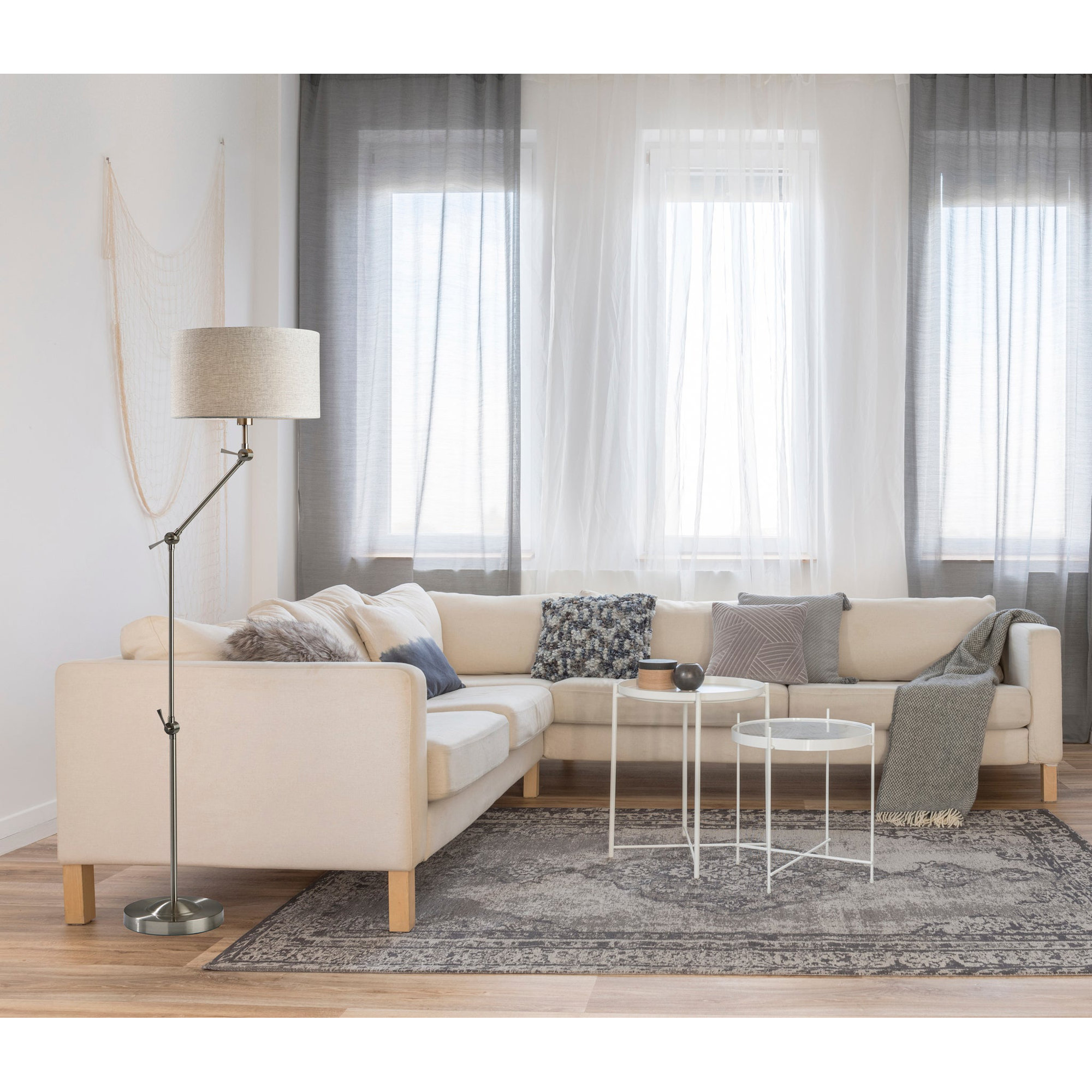 65.25'' Dimmable Swing Arm Floor Lamp, Brushed Steel, Light Taupe Textured Fabric