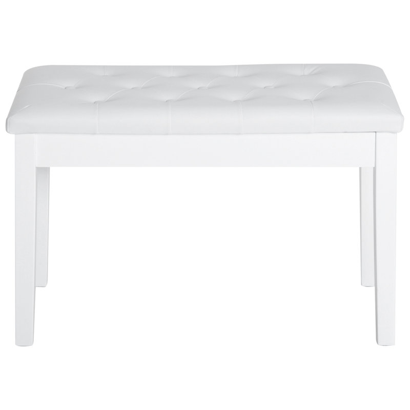 Piano Bench In White, Featuring Faux Leather Cushion And Strong Wooden Support For Two Players Duet Features Frame