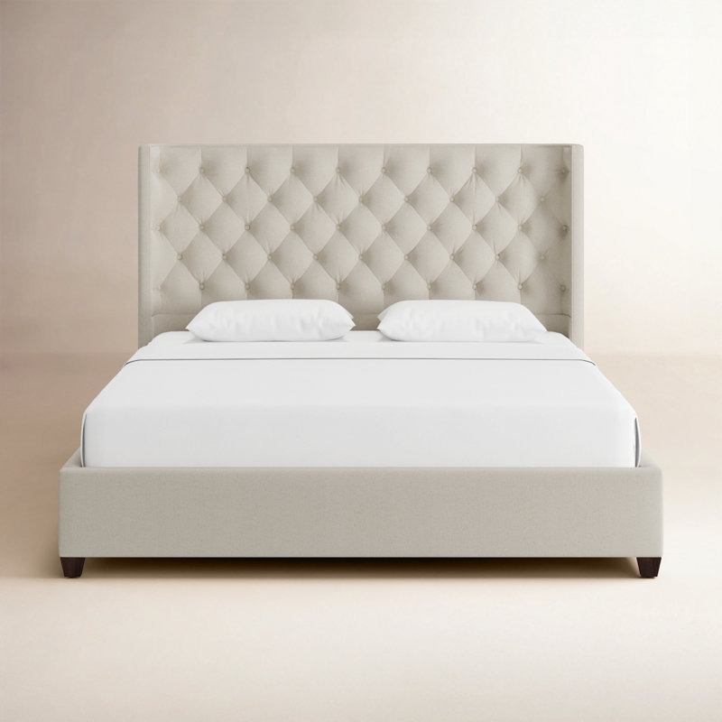 Lit plateforme tapissier très grand Naveen, Lin beige clair