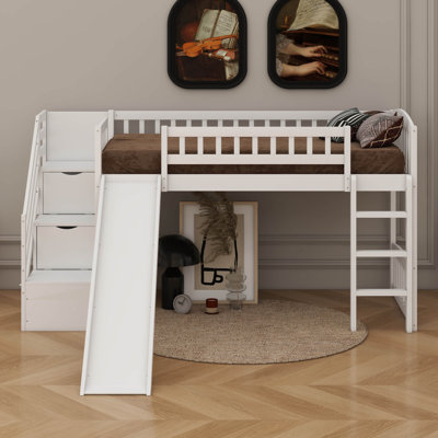Lit mezzanine en bois de pin avec glissière, garde-corps et échelle convertible