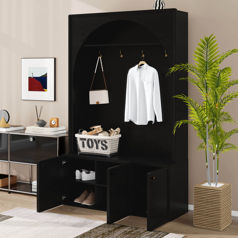 Arched Mudroon Coat Rack With Storage Bench, Hall Tree With 4 Golden Hooks, 3 Cabinets And Adjustable Shelves, Black