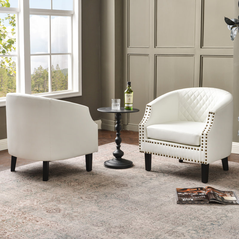 29 " Wide Tufted Faux Leather Small Barrel Bar Club Chair Set Of 2, White