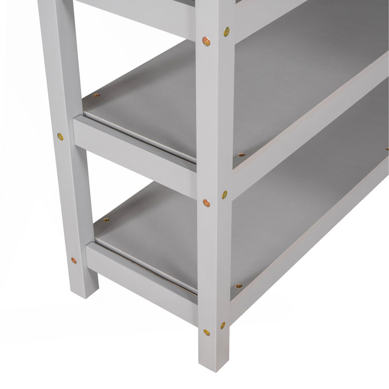 Lit mezzanine double avec tablettes de rangement et bureau sous le lit, gris