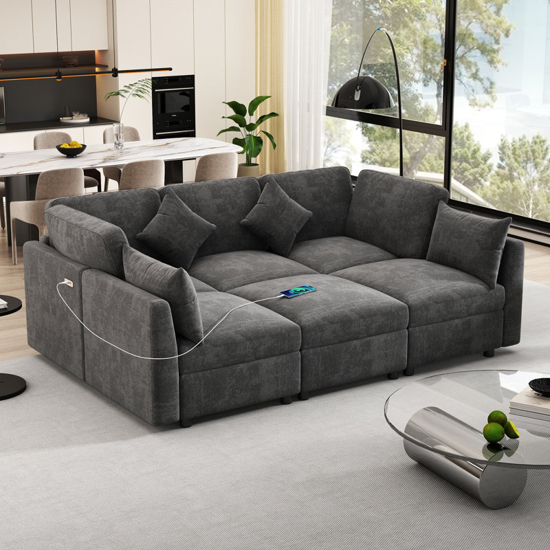 Canapé-lit modulaire rembourré 6 pièces Virelle, Chenille noir