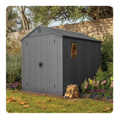 Keter Darwin  6x 8 ft. Durable Resin Outdoor Storage Shed With Floor and Double Doors for Garden Patio Furniture and Tools, Graphite