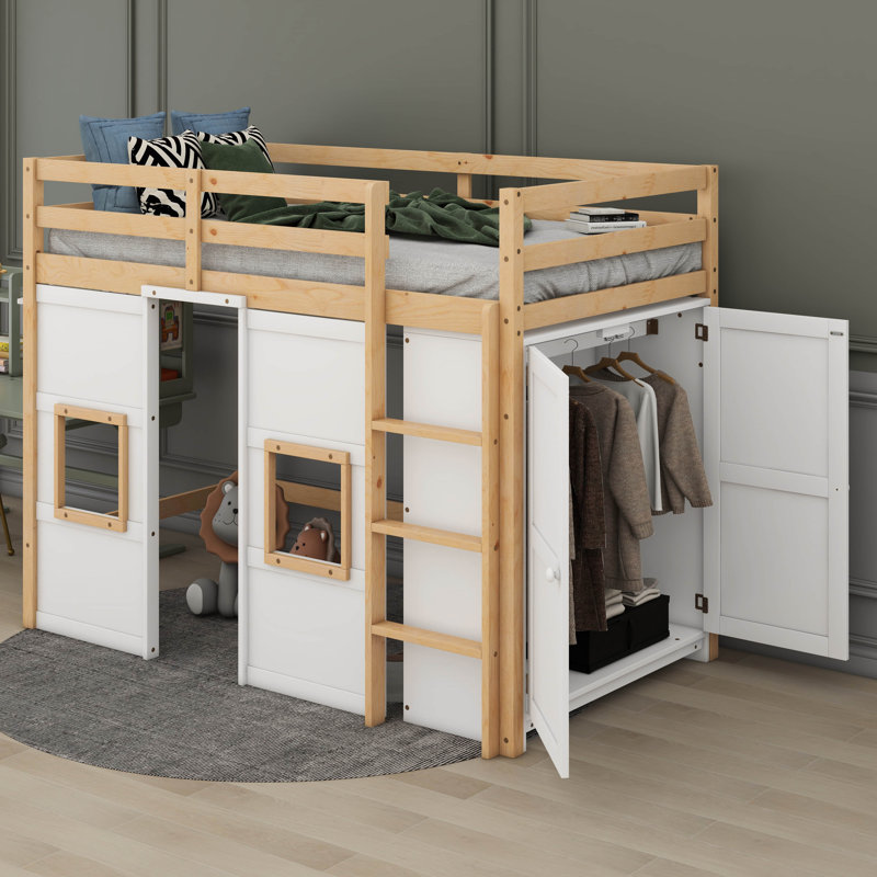 Jasibe Wood Twin Size Loft Bed with Built-in Storage Wardrobe and 2 Windows, White