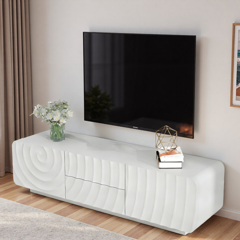 Meuble télé unique en forme de spirale avec armoires de rangement et 2 tiroirs, Blanc