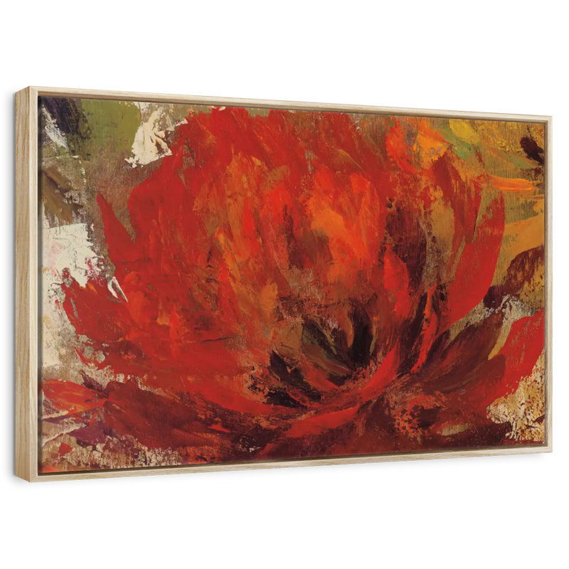 Fiery Dahlias II, 46" X 31", Floating Frame Natural Wood
