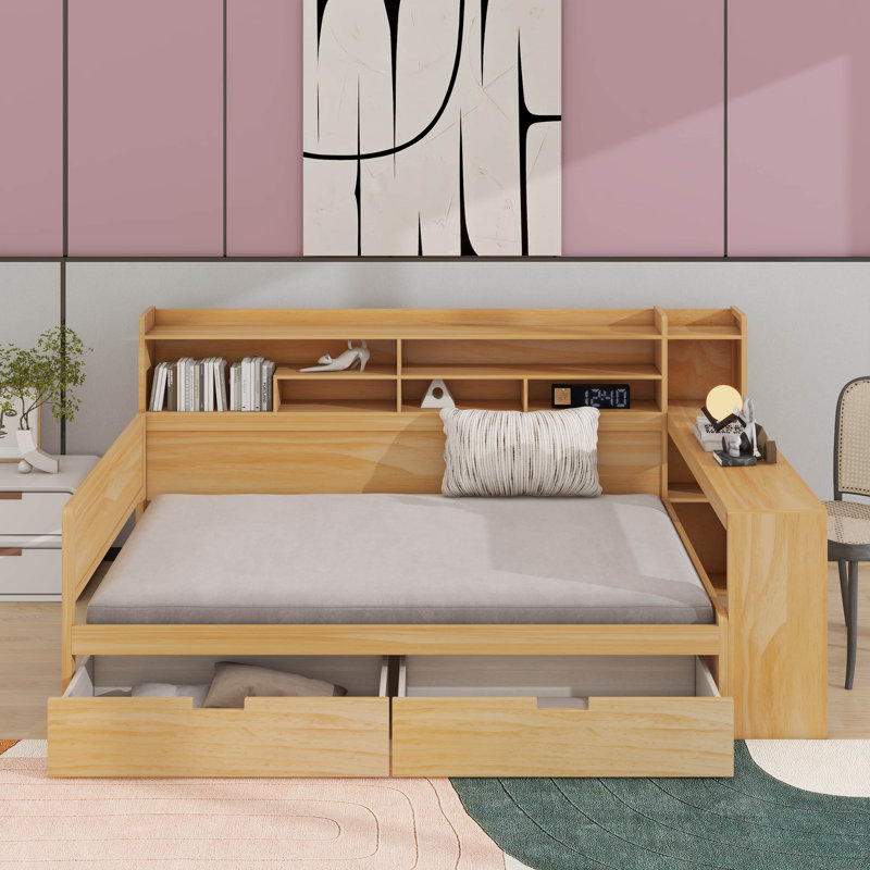 Lit de jour double avec tablettes de rangement, lit multifonctionnel avec deux tiroirs de rangement et bureau d'étude