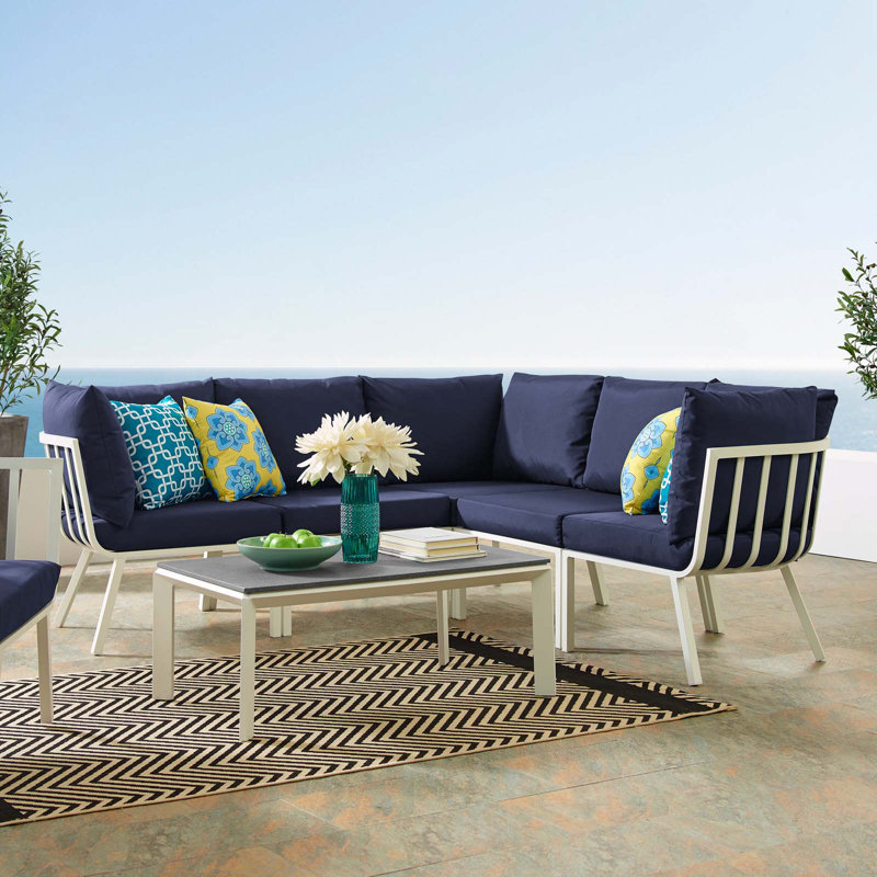 Modway Riverside 6 Piece Outdoor Patio Aluminum Set, Navy, White