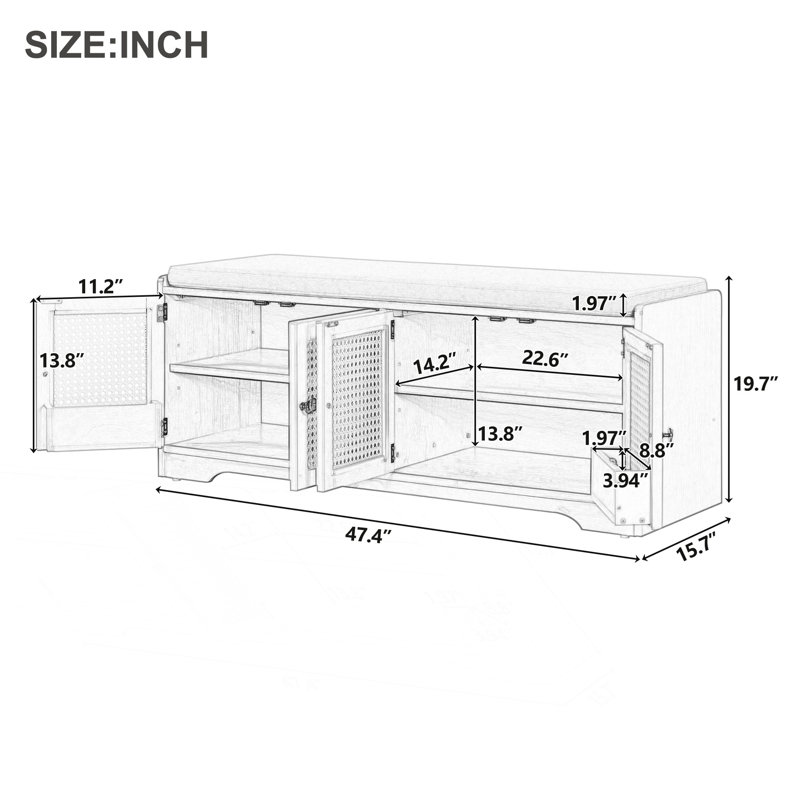 Banc de rangement rustique, banc à chaussures d'entrée avec coussin amovible, Beige / gris délavé
