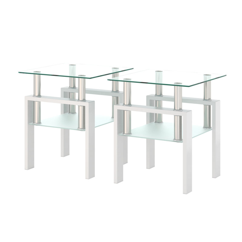 Tempered Glass Tea Table With Metal Legs, White/Clear, 2