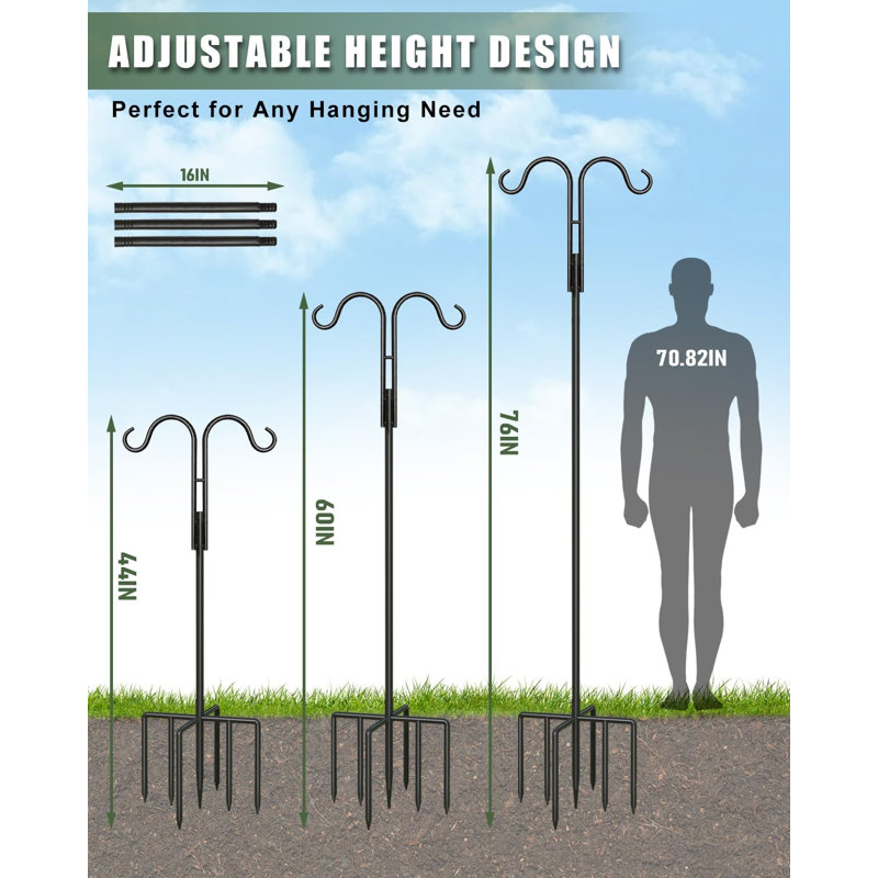 Lot de 2 crochets de berger doubles de 193 cm (76 pouces) pour l'extérieur, robustes, avec une base à 5 branches pour mangeoires à oiseaux, paniers de fleurs, lanternes, nichoirs, décorations de jardin, poteau solide