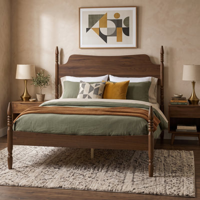 Henry Retro Spindle Four-Poster Platform Bed with Curved Tall Headboard & Wooden Frame