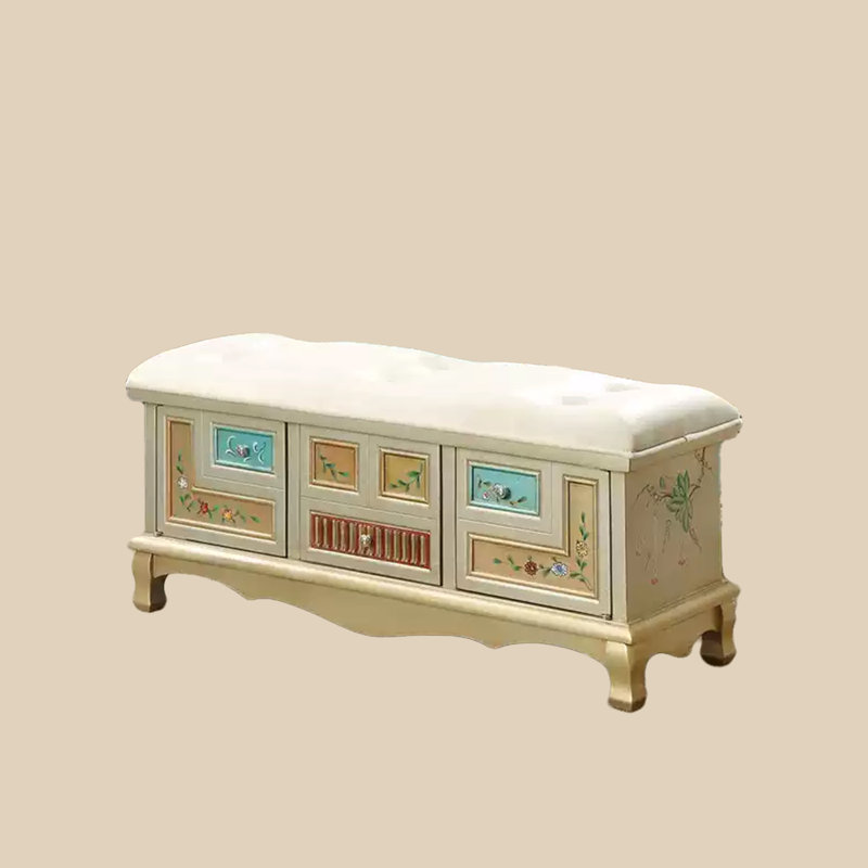 Vintage Hand Painted Solid Wood Shoe Storage Bench, Beige