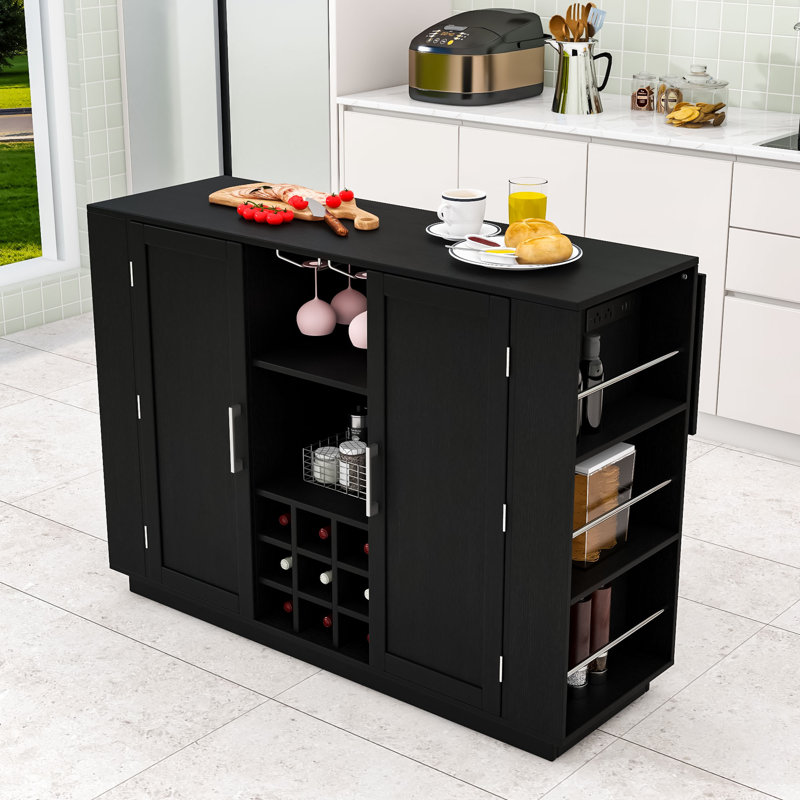 Kitchen Island with Foldable Top, Power Outlet and Wine Rack, Black