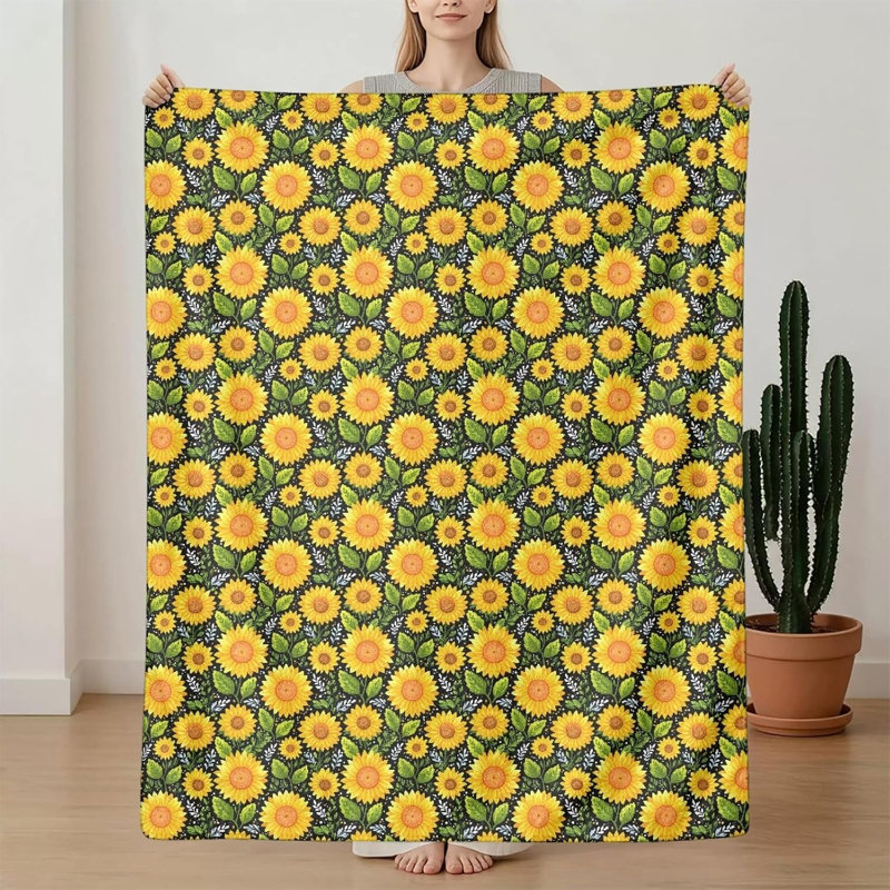 Plaid en flanelle à imprimé tournesol, style champêtre, 152 x 203 cm, 60 po x 80 po