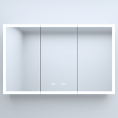 48 po Armoire à pharmacie en aluminium argenté l 30 po x H 30 po avec miroir, horloge, tablettes réglables, conception en métal antirouille, éclairage tricolore et charnières rectangulaires à ports de charge, automatique