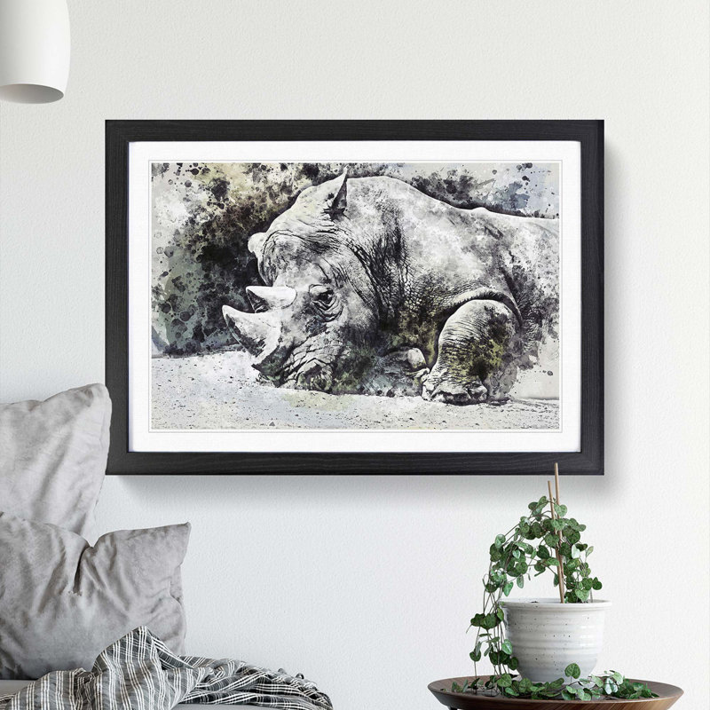 Resting Rhino in Abstract - Picture Frame Painting Print, Black Framed, 48cm H x 65cm W x 2cm D