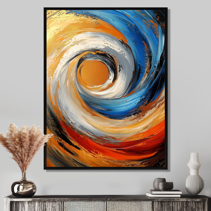 Obren Golden Rainbow Liquid Ink Spiral I - Transitional Framed Canvas Print, Black, Floater Framed Print, 20" H x 12" W