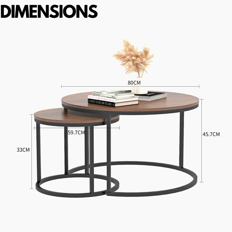 2Pc. Rustic Wooden Nest of Round Tables Metal Frame Coffee Side Tables Living Room Furniture