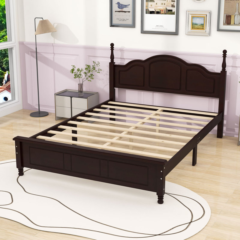 Vintage-Inspired Wooden Platform Bed with Unique Headboard, Queen, Dark Walnut