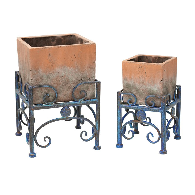Assortiment de pots à fleurs en céramique avec supports en métal (ensemble de 2), Bleu