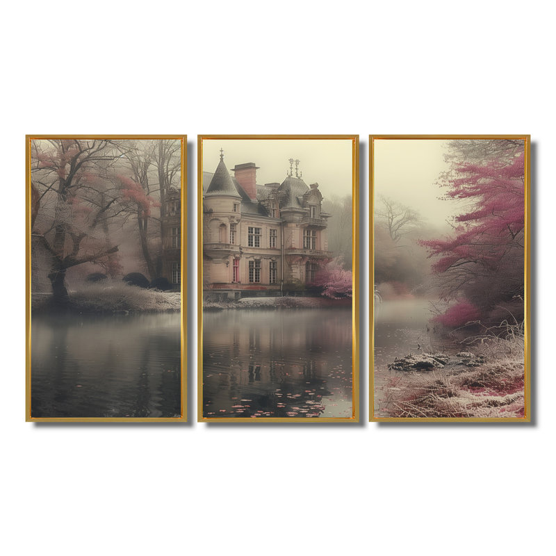 Soline - ensemble d'impressions murales Chateaus, Toile avec cadre flottant or, H 40 po x l 60 po x P 1 po