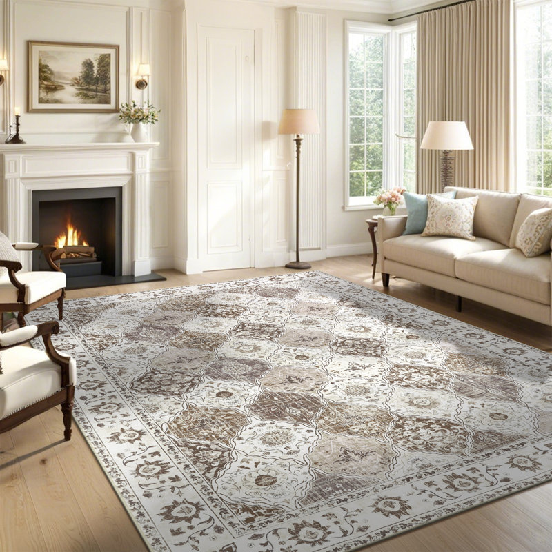 Machine Washable Non-Slip Oriental Area Rug Brown/Beige, Rectangle 5' x 8'