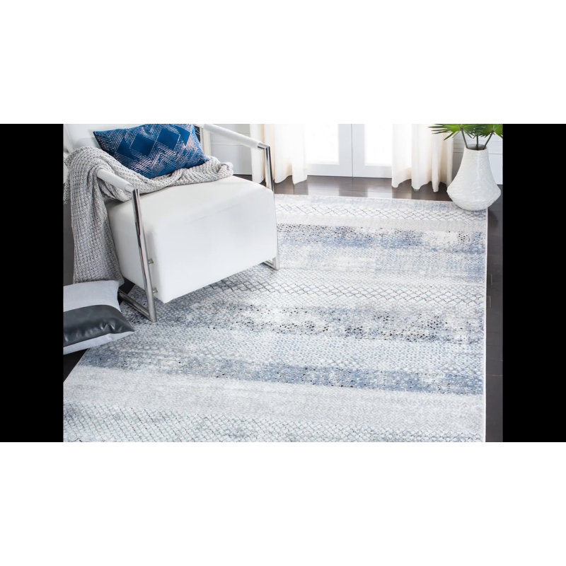 Grey and Light Blue Hand-Knotted Rectangular Synthetic Rug