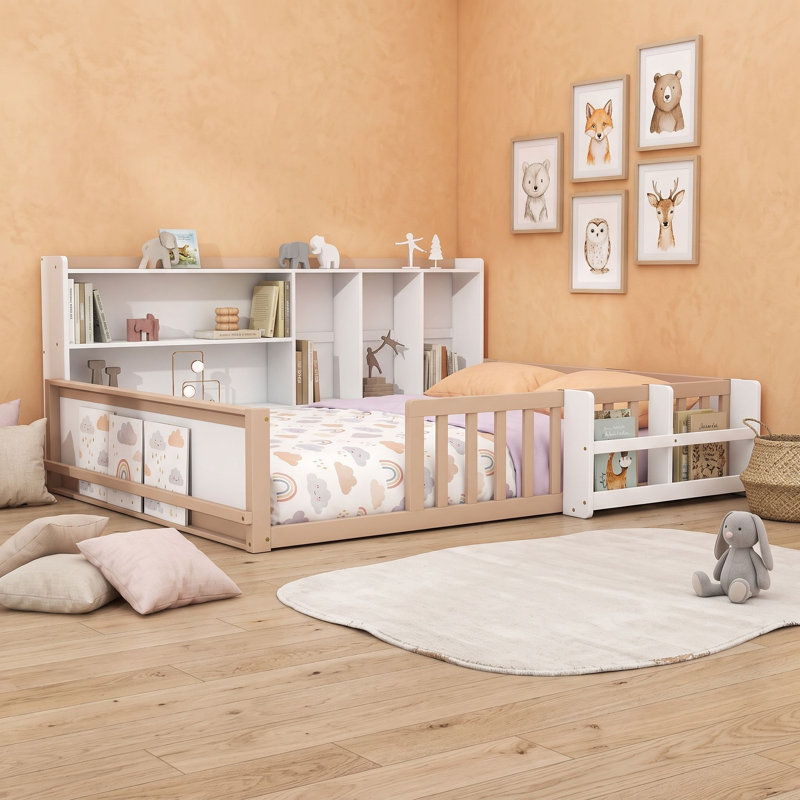 Lit sur pied avec bibliothèque, garde-corps et compartiments latéraux Montessori, Cream White, Full