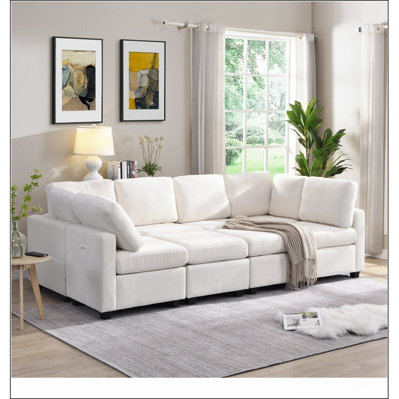 Canapé modulaire de 103 po avec deux repose-pieds mobiles et ports USB, Beige