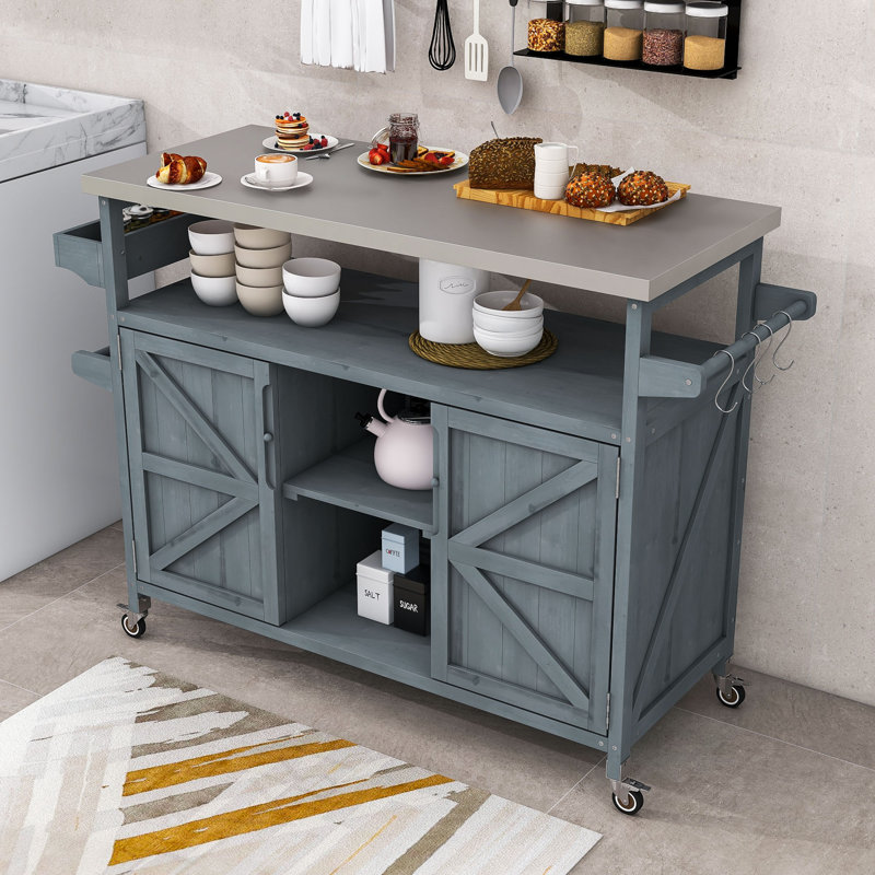 Cheyene Rolling Kitchen Island with Stainless Steel Top and Lockable Wheels, Gray Blue