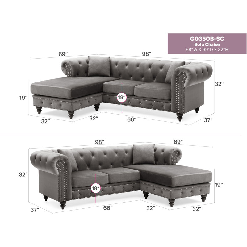Glory Furniture Nola Velvet Reversible Chaise Sectional, Dark Gray