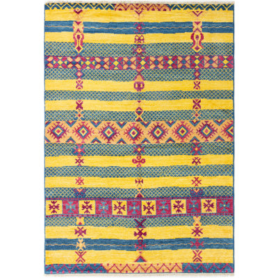 Tapis unique en laine noué à la main bleu / jaune / rose des années 2010 de 6 pi 4 po x 9 pi Kapiolani