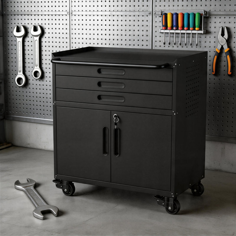 34.7-Inch Heavy-Duty Metal Mobile Tool Cabinet With Lockable Doors And Three Drawers; Garage/Studio Storage Workbench.