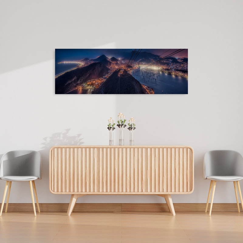 «Rio Night Panorama Vibrant Abstract Contemporary City Coastal», art mural, H 16 po x l 48 po