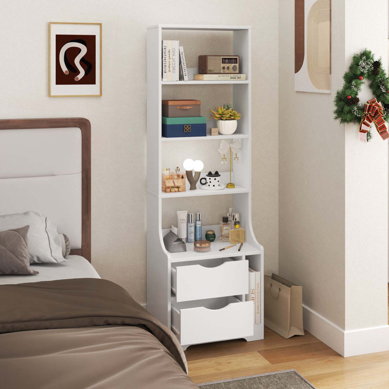 Table de chevet avec bibliothèque, table de chevet avec 2 tiroirs de rangement pour la chambre à coucher, Blanc