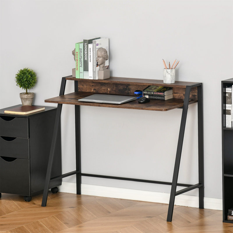 Emerfield Metal Base Writing Desk, Brown/Black, 85 x 100 x 45