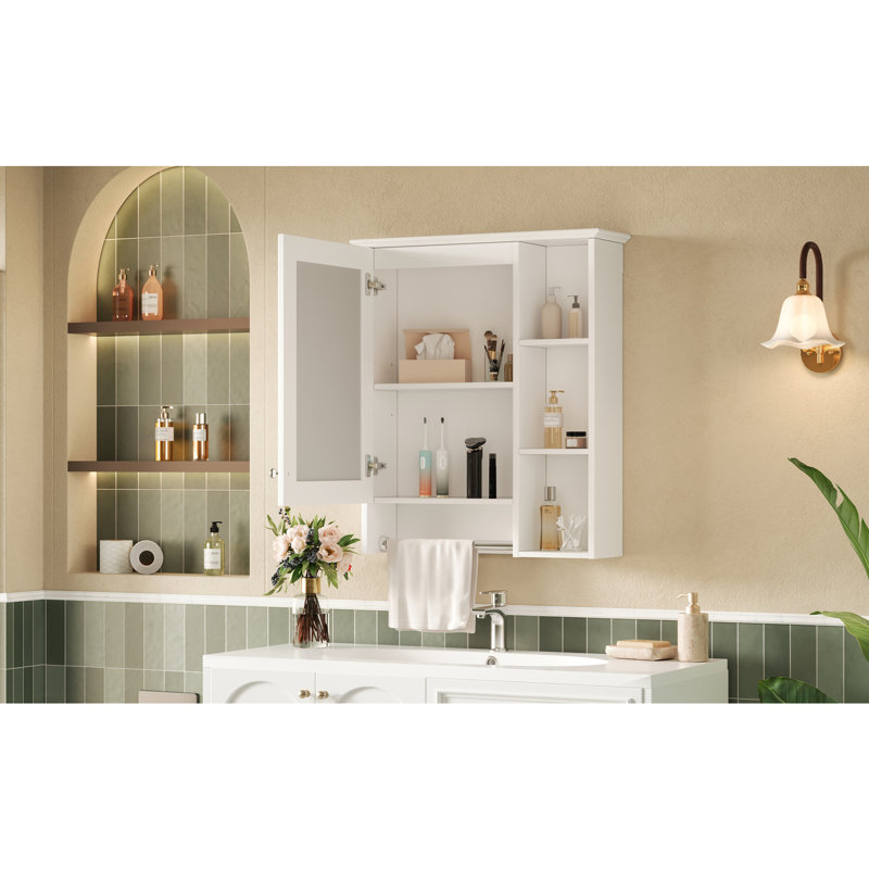 Armoire à pharmacie 3-en-1 à miroir pour salle de bain, armoire murale 24 po avec tablette réglable et barre de tour, Blanc