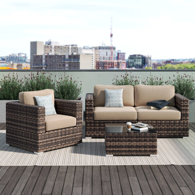 High-Density Polyethylene (HDPE) Wicker Fully Assembled 3 - Person Seating Group with Cushions