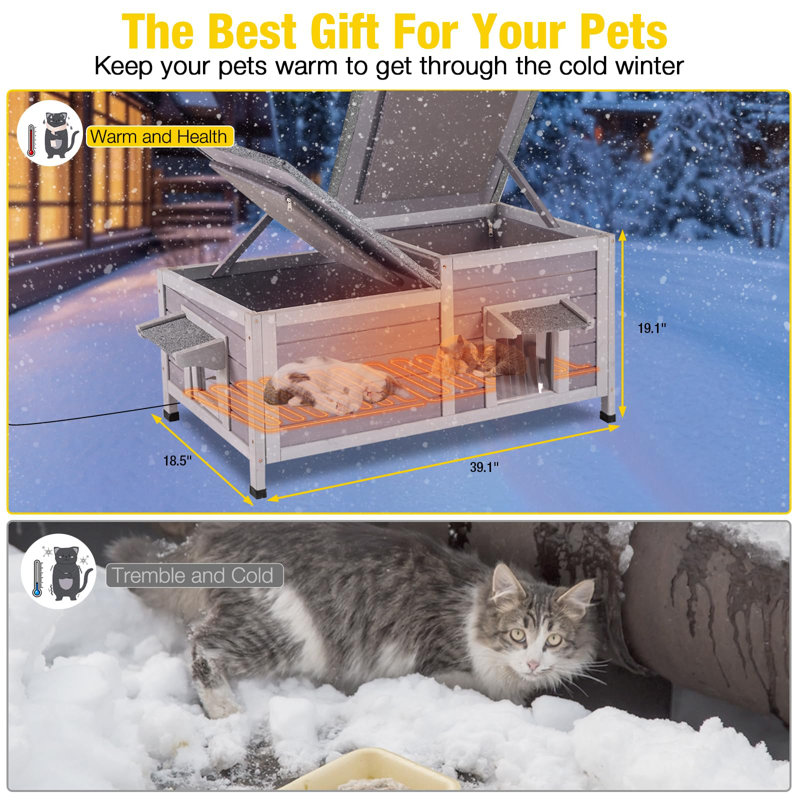 Heated Cat House for Outside Outdoor Cat House Weatherproof Insulated Feral Cat Shelter with Heater and Insulated Liner