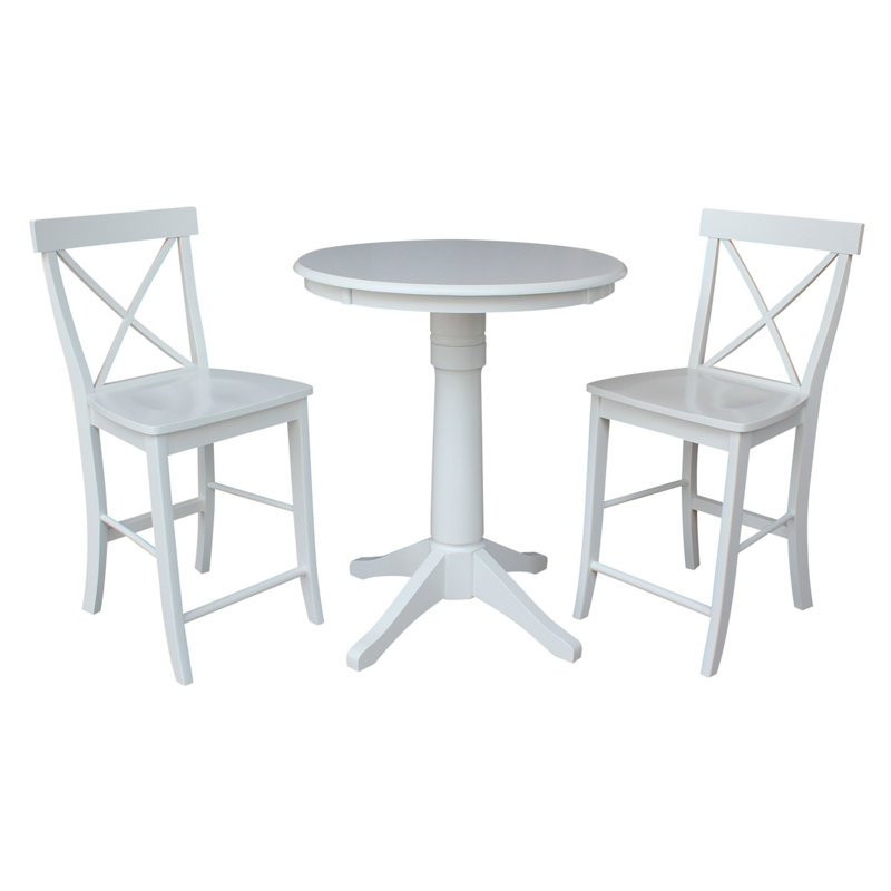 Ensemble de salle à manger en bois massif à hauteur de comptoir 3 pièces Dorchen, H 35,9 po x L 30 po x l 30 po, Blanc