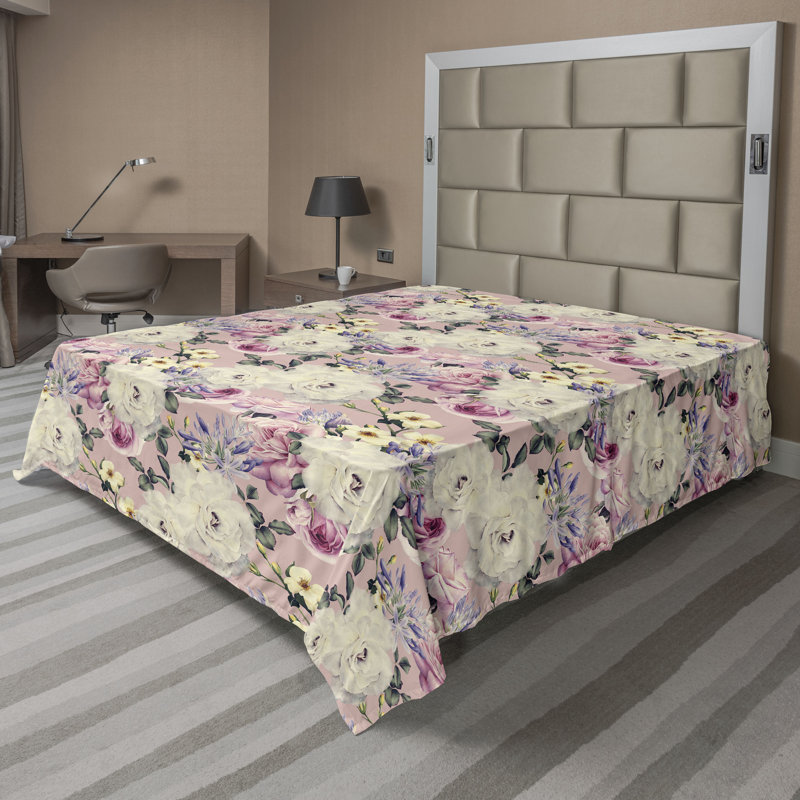 Drap plat Ambesonne, Drap plat de taille très grand, Ivoire, rose / floral