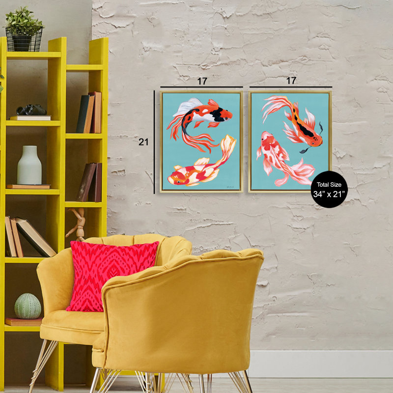 Ensemble de cadre flottant coloré 2 pièces Koi, Cadre flottant métallique doré, H 21 po x l 17 po